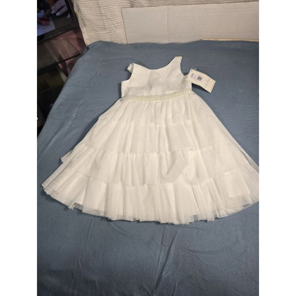 Couture Princess Girls' Ivory Pearl-Trim Ruffle Tulle Formal Flower Girl  8 NWT